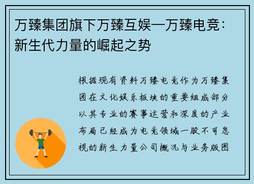 万臻集团旗下万臻互娱—万臻电竞：新生代力量的崛起之势